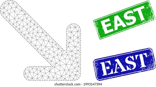 Triangular arrow down right model, and East blue and green rectangle scratched stamp seals. Polygonal wireframe illustration created from arrow down right pictogram.