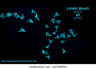 Triangular background. Abstract composition of 3d confetti triangles. Futuristic geometric background. 3D vector illustration. Emerald three-dimensional triangle in space.