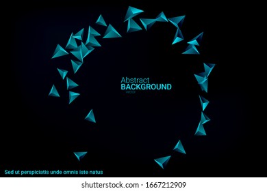 Triangular background. Abstract composition of 3d confetti triangles. Futuristic geometric background. 3D vector illustration. Emerald three-dimensional triangle in space.