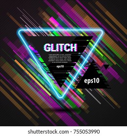 triangular banner in the style of a glitch on a colored background with a glitch. Banner or logo in a glitch style with neon lights, element design vector illustration
