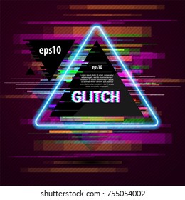 triangular banner in the style of a glitch on a colored background with a glitch. Banner or logo in a glitch style with neon lights, element design vector illustration
