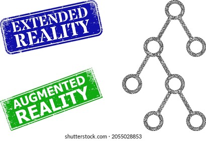 Triangular binary hierarchy image, and Extended Reality blue and green rectangular rubber stamps. Mesh wireframe image designed with binary hierarchy icon.