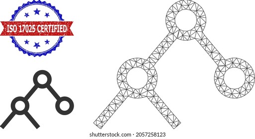 Triangular binary links wireframe icon, and bicolor textured ISO 17025 Certified seal stamp. Mesh wireframe image designed with binary links icon. svg