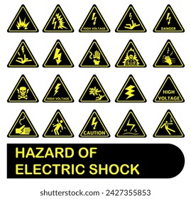 Triangular black electric danger signs. High voltage sign. Vector illustration. EPS 10.