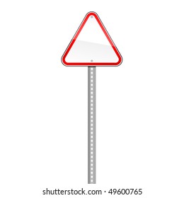 Triangular blank red road signs with pole on white