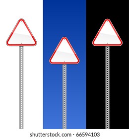 Triangular blank red road signs with metal pole on white, blue sky and black