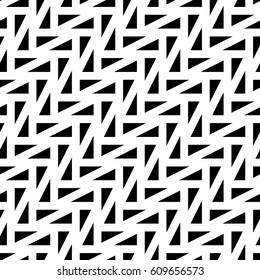 Triangular blocks wallpaper. Repeated black geometrical figures on white background. Seamless surface pattern design with polygons. Mosaic motif. Digital paper for page fills, web designing. Vector