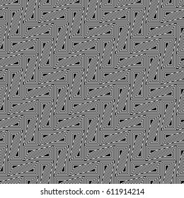 Triangular blocks wallpaper. Repeated black geometrical figures on white background. Seamless surface pattern design with polygons. Mosaic motif. Digital paper for page fills, web designing. Vector