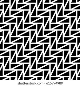 Triangular blocks wallpaper. Repeated black geometrical figures on white background. Seamless surface pattern design with polygons. Mosaic motif. Digital paper for page fills, web designing. Vector