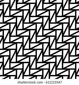 Triangular blocks wallpaper. Repeated white geometrical figures on black background. Seamless surface pattern design with polygons. Mosaic motif. Digital paper for page fills, web designing. Vector
