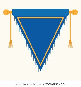 Un Anuncio azul triangular con bordes y borlas doradas, diseñado para fines de exhibición.