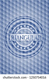 Triangular blue emblem or badge with abstract geometric pattern background.