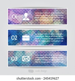 triangular blurred purple banners set with mosaic and light spots style Business Infographics. Vector illustration. can be used for workflow layout, diagram, number options, web design, infographics.