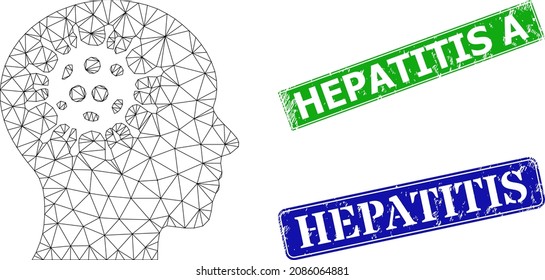 Triangular brain virus model, and Hepatitis A blue and green rectangle unclean stamp seals. Polygonal wireframe symbol designed with brain virus icon.