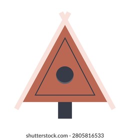 Triangular brown wooden birdhouse for spring garden decoration and nesting.