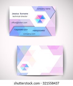 triangular business card with light pink and blue colors.