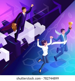 Triangular Business Concepts in Isometrics, Achievement of Purpose, Leadership, Teamwork. Qualitative illustrations for advertising.