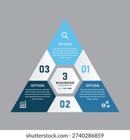 Triangular business infographic with central hexagon and three options