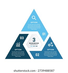 Triangular business infographic with three options and central hexagon