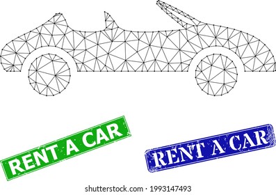 Triangular cabriolet car model, and Rent a Car blue and green rectangular grunge stamp seals. Polygonal wireframe symbol is based on cabriolet car icon.