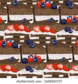 Triangular cake pieses of different tastes covered with berries. Vector repeated seamless pattern