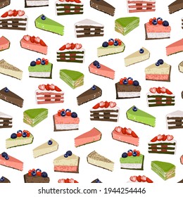 Triangular cake pieses of different tastes covered with berries. Vector repeated seamless pattern