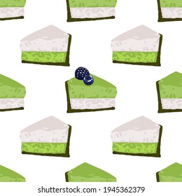 Triangular cake pieses of vanilla and matcha tastes covered with berries. Vector repeated seamless pattern