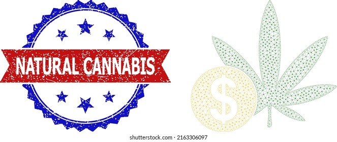 Icono triangular del marco alambrado de precio del cannabis y sello natural de cannabis arañado con bicolor. Imagen de canal poligonal diseñada con pictograma de precio de cannabis.