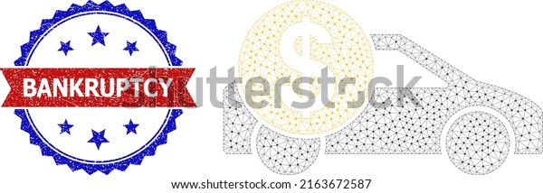 Triangular car cost frame icon, and bicolor
grunge Bankruptcy seal. Polygonal wireframe symbol is based on car
cost icon. Vector seal with Bankruptcy tag inside red ribbon and
blue rosette,