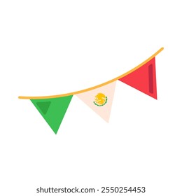 Triangular carnival flags in colors of Mexican flag gathered in garland. Element of Hispanic holiday Cinco De Mayo. Mexican holiday icon. Simple cartoon vector element isolated on white background