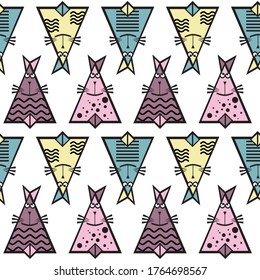Triangular cats. Seamless pattern. Bright geometric print.