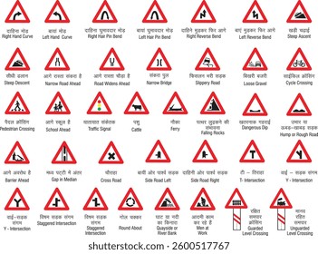 Triangular Cautionary Road Signs with Red Borders Indicating Hazards, Safety Warnings, and Traffic Guidance for Drivers