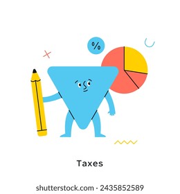 Triangular character with pencil and  infochart color vector illustration. Taxes percentage concept. Business finances control. Commercial fees abstract cartoon composition on white  background