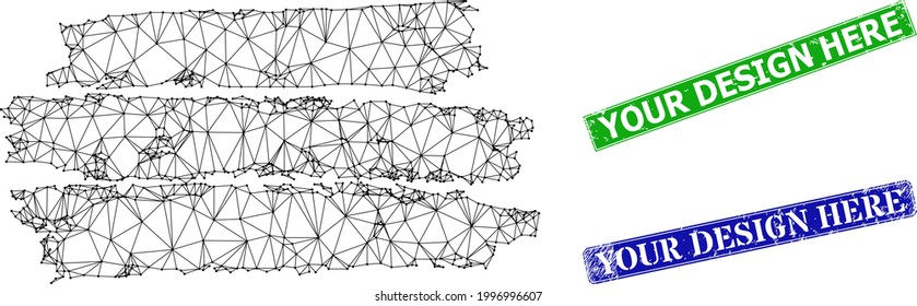 Triangular charcoal texture template model, and Your Design Here blue and green rectangular grunge seals. Mesh carcass symbol designed with charcoal texture template icon.