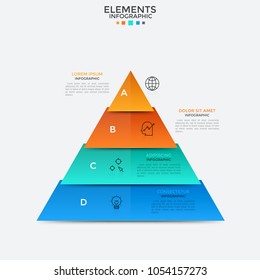 Triangular chart divided into 4 colorful parts with thin line pictograms and text boxes. Concept of hierarchy structure with four levels. Creative infographic design template. Vector illustration.