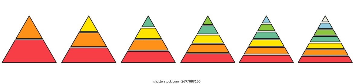 Triangular chart level infographic collection. Hierarchy pyramid color elements set. Vector illustration isolated on white.