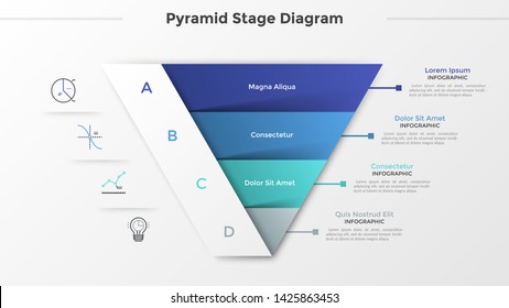 Triangular Chart Or Pyramid Diagram Divided Into 4 Parts Or Levels, Linear Icons And Place For Text. Concept Of Four Stages Of Project Development. Infographic Design Template. Vector Illustration.