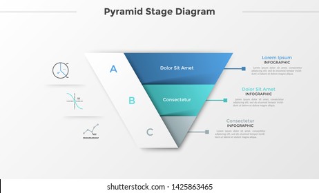 Triangular Chart Or Pyramid Diagram Divided Into 3 Parts Or Levels, Linear Icons And Place For Text. Concept Of Three Stages Of Project Development. Infographic Design Template. Vector Illustration.