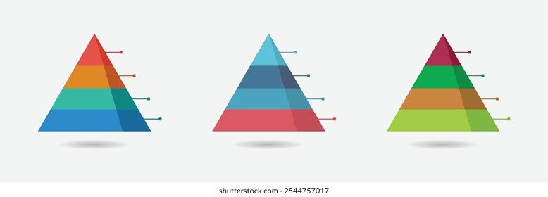 Triangular chart or pyramid diagram divided into 4 parts or levels. Blank 4 tier pyramid chart design
