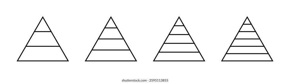 Triangular charts separated by hierarchy. Pyramid charts representing levels and stages.