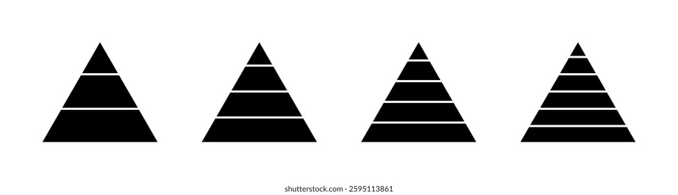 Triangular charts separated by hierarchy. Pyramid charts representing levels and stages.