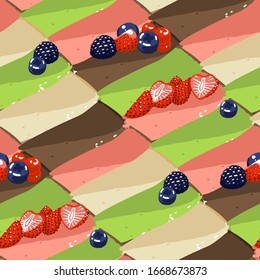 Dreieckige Käsekuchen verschiedener Geschmacksrichtungen, die mit Beeren bedeckt sind. Vektorillustration mit wiederholtem, nahtlosem Muster
