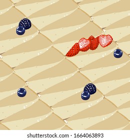 Dreieckige Käsekuchen mit Vanillegeschmack und Beeren. Vektorillustration mit wiederholtem, nahtlosem Muster