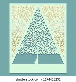 Triangular or Christmas tree with curls. Decorative panel with gold swirls pattern for cutting paper cards, design elements , scrapbooking and other. Laser cut. Vector illustration.
