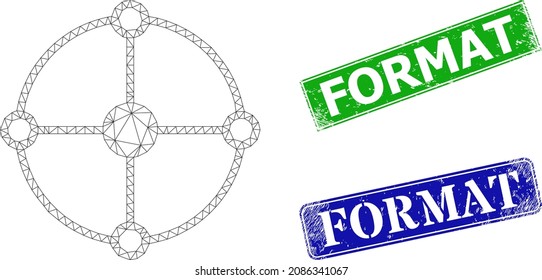 Triangular circle grid node image, and Format blue and green rectangle scratched stamp seals. Polygonal carcass symbol designed with circle grid node pictogram.