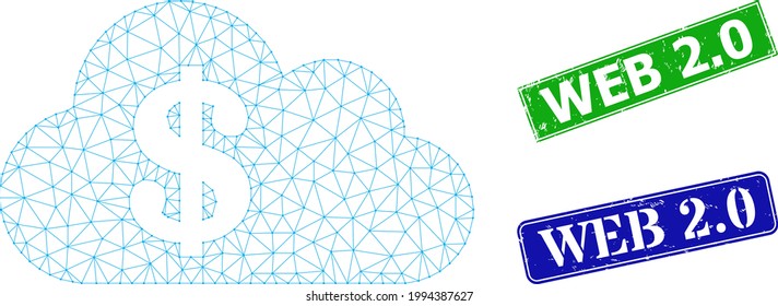 Triangular cloud banking image, and Web 2.0 blue and green rectangle corroded stamps. Polygonal wireframe image based on cloud banking icon. Stamp seals include Web 2.0 text inside rectangle shape.