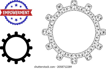 Triangular cog framework illustration, and bicolor scratched Empowerment watermark. Polygonal carcass illustration is designed with cog icon.