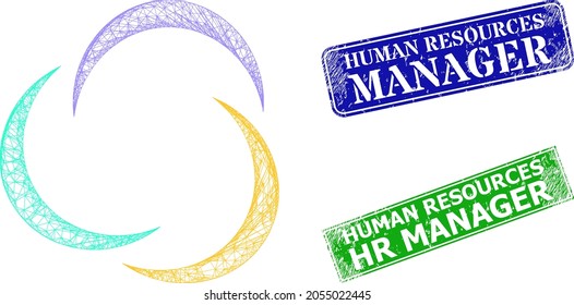 Triangular collaboration image, and Human Resources Manager blue and green rectangular textured seal imitations. Polygonal wireframe image is based on collaboration pictogram.