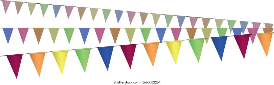 triangular colorful flags on three straight lines making fan, vector of garland isolated on white background