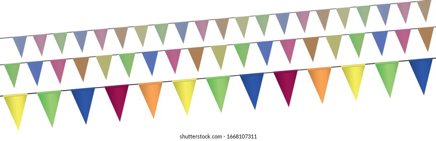 triangular colorful flags on three oblique lines, vector of garland isolated on white background